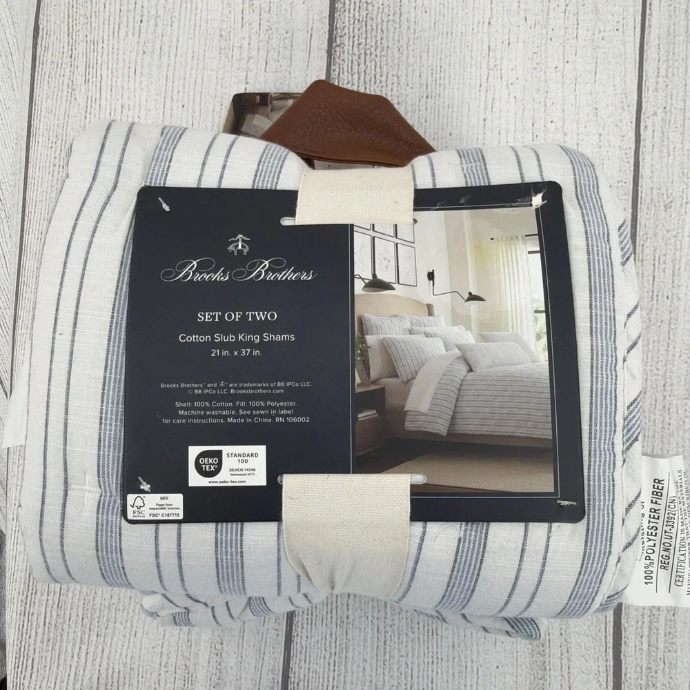 Brooks Brothers Pillow Shams KING White Blue Stripe 100% Cotton Slub Quilted